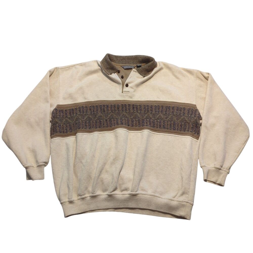 Vintage David Taylor 1/4 Button Up Sweater Size XL XLT Beige Mens Henley Collar